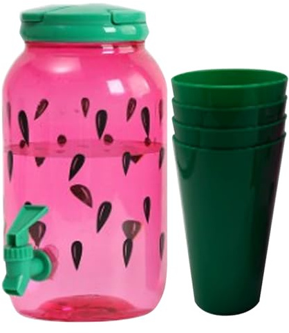 Getränkespender Mit Zapfhahn, 3.8L Wasserspender Saftspender Kunststoff, Saftspender Mit Wasserhahn, Griff, Tassen, Summer Motiv Karaffe Hervorragend Für Kinder Matschküche Plastik Outdoor