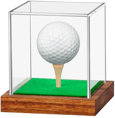 Hooqict Golfball-Vitrine aus transparentem Acryl, mit Holzsockel und Tee-Ball-Halter, Ständer, UV-geschützte, quadratische Würfelbox, Einzelball-Aufbewahrung, Golfball-Kollektionen
