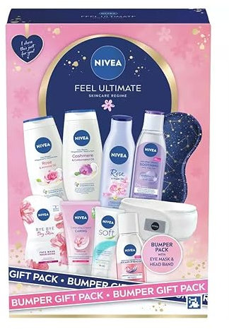 Nivea Feel Ultimate Skincare Regime Bumper Gift Set Pack 11PC Includes 2x Shower Cream,Micellar Water, Face Mask,Cleansing Cream, Soft Cream, Rose Body Lotion, Make-Up Remover, headband and eye mask.
