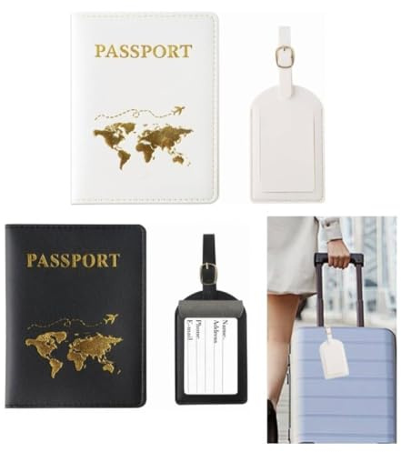 Porte-Passeport Housse,2 Pcs Couvertures de Passeport et 2 Pcs Étiquette Valise,PU Cuir Protege Passeport,Pochette en Cuir Synthétique Protege Passeport pour embarquement et identit (Blanc et Noir)