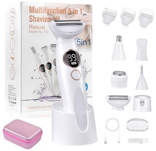 Rasierer Damen, 5-In-1 Elektrische Intimrasierer für Frauen für Bikinizone, Gesicht und Körper mit 3 Aufsätzen und Präzisionskamm, IPX7 Wasserdicht mit Reinigungsbürsten