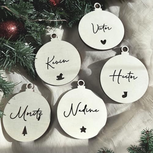 Personalisierte Weihnachtskugeln aus Holz - Christbaumkugeln mit Namen | Verschiedene Sets | Christbaumschmuck | Weihnachtsdeko - Hello mini (Clean, 6er Set)