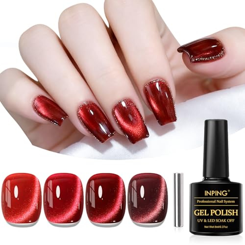 INPING UV Nagellack CatEye Magnet, 4 Farben Rot Dunkelrot Glitzer Cat Eye UV Gel, Kristalle Nagellack Soak Off Nail Polish Maniküre Geschenke für Frauen DIY Salon, 8 ML