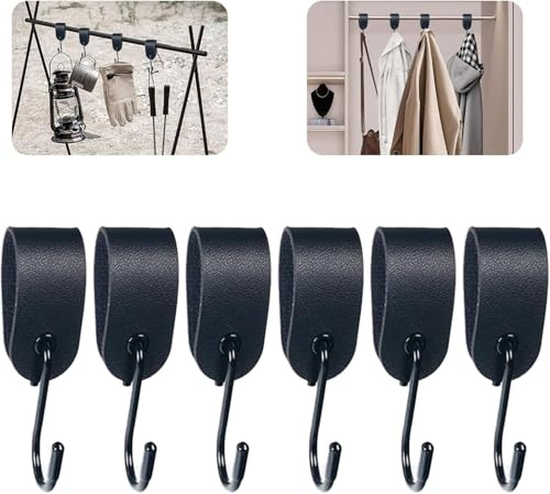 QuirkLz S Haken mit Lederschlaufe, 6 Stück, Schwarz Kleiderhaken, Garderobenhaken mit Lederschlaufe, Multifunktionale Metallhaken für Garderobe, Küche, Bad – zum Aufhängen von Kleidung und Accessoires