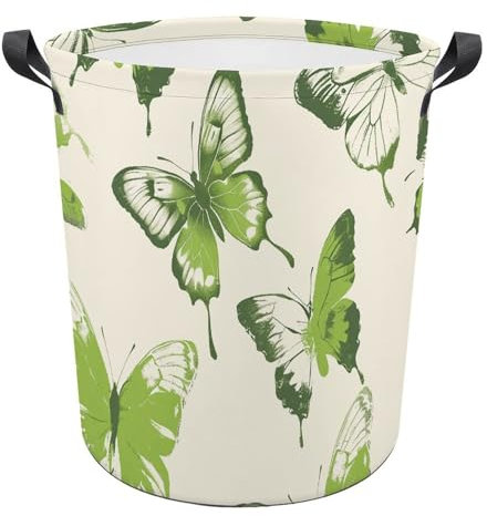 17.3 × 17.3 × 17.3 Inches Collapsible Laundry Baskets Lime Green Butterfly Printed Waterproof Laundry Hamper Foldable Dirty Clothes Storage Bin for Bathroom Bedroom Office