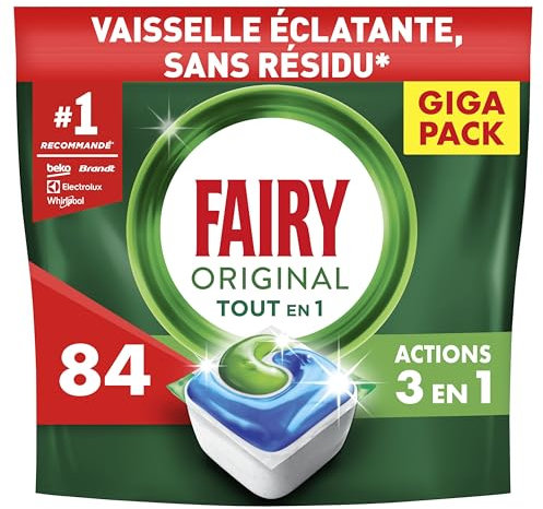 Fairy Original Tablettes Lave-vaisselle Tout-en-1, 84 Tablettes, Sans Parfum, Efficaces Contre La Graisse Incrustée, Dissolution Ultra-Rapide, Sans Odeur ni Résidus
