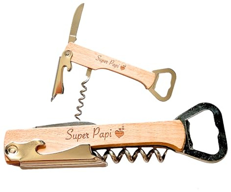 Cadeau Papi/Papy – Limonadier 3 en 1 en Bois “Super Papi” – Décapsuleur & Tire-Bouchon – Idée Cadeau Grand-Père, Anniversaire, Noël, Fête des Grands-Pères