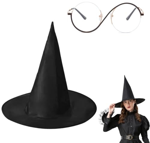 Set Hexe Kostüm Accessoires Hexenhut Schwarz mit Hexe Eyewear Runde Cosplay Kreis Frame Clear Lens Brille Faltbarer Halloween-Zaubererhut für Halloween Besondere Feiertage Familientreffen