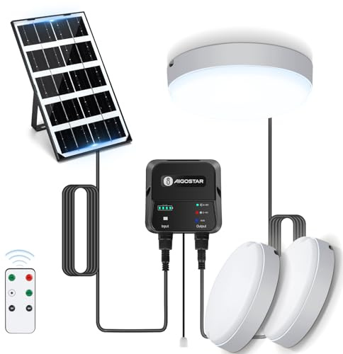 Aigostar Solarlampe Decke Außen 35W LED Solar Deckenleuchte Outdoor mit Fernbedienung, Energiespeicherbox, IP65 Wasserdicht, Einstellbare 6500K, Solarlampen für Innen mit 8m Kabel,2 pcs