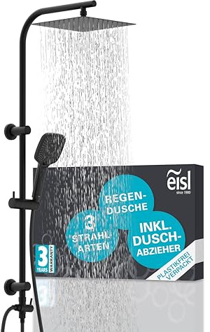 EISL EASY DELUXE Duschset schwarz, inklusiv Duschabz | mit großer Edelstahl Regendusche (300 x 300 mm) und Handbrause, Regendusche ohne Armatur schwarz, inklusiv Duschabzieher