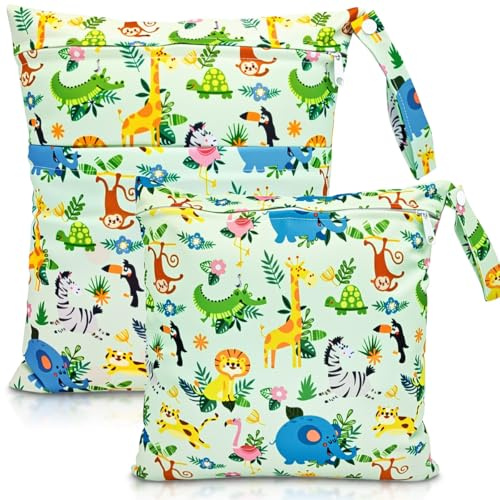 HOTLIKE Borsa Pannolini Riutilizzabile, 2Pcs Wetbag Borsa per Pannolini Impermeabile Organizzatore Neonato Sacchetto del Pannolino con Doppia Cerniera Bambino Bag per Viaggi Spiaggia Gym (Zoo)
