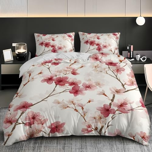 Fundas Nordicas 240x220 cm Cama 150 cm PatróN de Flor de Cerezo En Acuarela Juego De Ropa De Cama Microfibra Suave Impresión 3D Rosa Funda Edredon + 2 Fundas de Almohada con Cremallera