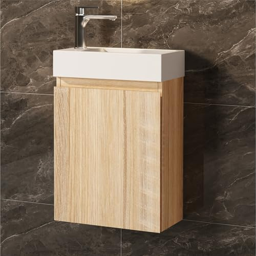 JINDOLI Waschtisch mit Unterschrank 40 cm- Badmöbel Set mit Waschbecken, Vormontiert Waschbeckenunterschrank Klein für Bäder, Gäste WC (Sonoma Eiche)