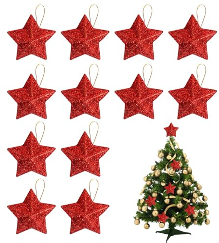 12 Stück Weihnachtsbaumschmuck,Christbaumschmuck,Weihnachtsbaum Deko,Baumschmuck Weihnachten,Weihnachtsstern Anhänger,Klein Glitzer Weihnachtsdeko Rot Stern für Weihnachtsbaum,Kaminen,Fenstern,Tisch