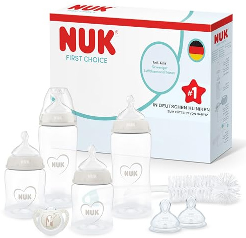 NUK First Choice Perfect Start Babyflaskset | 0-6 månader | 4 x Anti-kolikmatningsflaskor (150 ml, 300 ml), 2 x Nappar, 1 x First Choice Napp, 1 x Flaskborste | Neutral | 8 stycken