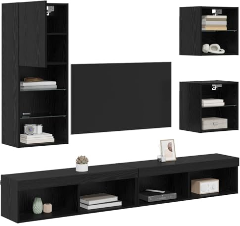 vidaXL Unités murales TV avec LED 5 pcs Chêne Noir Bois d'ingénierie, Salon Moderne, unités rectangulaires pour TV, armoires murales, rangements stylés, Meuble Minimaliste, éclairage USB LED
