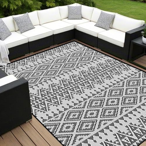 Shade&Beyond Outdoor Teppich Wetterfest 150x240cm, Wendbarer Balkon Teppich UV-Beständig & Waschbar, Faltbarer Kunststoffteppich für Terrasse, Garten, Camping & Pool, Schwarz & Weiß