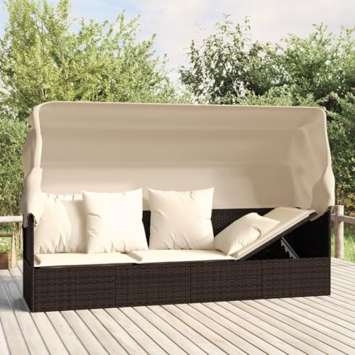 KKHOMEI Gartensofa mit Dach und Kissen Balkon Sofa 3 Sitzer Rattansofa Outdoor-Loungebett Tagesbett Liegebank Sofa Gartenliege Liegesofa Multifunktionsliege