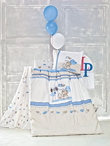 Kinderbettwäsche 100x135 Bettgarnitur Baby Bettwäsche 2 tlg. Bettset 100% Baumwolle - Escape Weiß Beige Blau Jungen