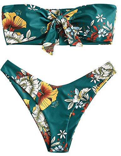 ZAFUL Damen Bandeau Schulterfrei Bikini Set Sexy Strandkleidung mit Blumenmuster Knote (Grün, L)
