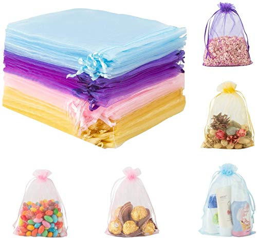 80 Stück Organza Geschenktüten,Schmuckbeutel Hochzeitsfestbevorzugung Taschen mit Band,13 * 18CM,Kordelzug,Lila/Rosa/Gelb/Blau