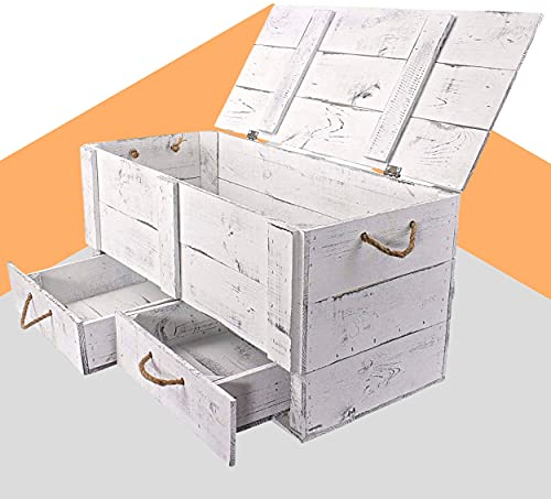 Obstkisten Online Vintage Truhe - Holztruhe mit Deckel inklusive zwei Schubladen, mit Kordeln als Griffe - 85 x 39 x 40 cm - für Decken