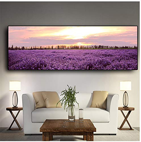 HSFFBHFBH Wandkunst Bild Lavendel Sonnenuntergang Nordische Landschaft Poster und Drucke Leinwandmalerei Blume für Wohnzimmer Dekor 50x150cm (19,7 x59,1) Kein Rahmen