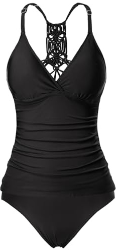 Holipick Women Solid Black Tummy Control Two Piece Tankini Set Swimsuit V Neck Tankini Top Bathing Suits with Bikini Bottom L(US 12-14)