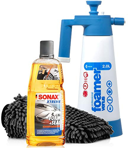 Detailmate Auto Schaum Wasch Versiegelung Set: SONAX XTREME FOAM & SEAL - Schaumversiegelung 1 Liter + Kwazar Venus Super Foamer Cleaning Pro+ 2L Hand Schaumsprüher + Mikrofaser Waschhandschuh