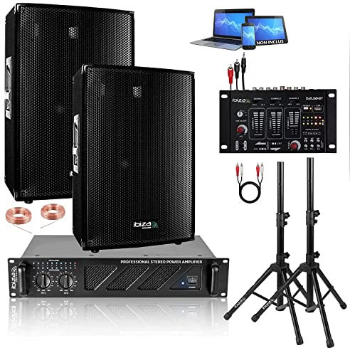 Ibiza Sound - Sonorisation DJ avec 2 Enceintes 1200w Total - Ampli Sono 960w - Table de Mixage DJM USB - Câbles Offerts - PA DJ Sono Mix Bar Club Disco Salle des Fetes