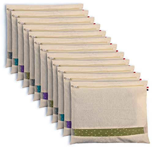 SOLSTICE Bolsas de algodón para sari, juego de fundas para almacenamiento con cierre de cremallera para bolsas de ropa y organizador de armario con ventana de malla transparente (16 x 14 pulgadas)