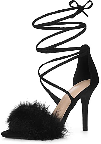 Allegra K Donna Pizzo Tacchi Finta Pelliccia sintetica Tacco alto Sandali, Nero , 38 EU
