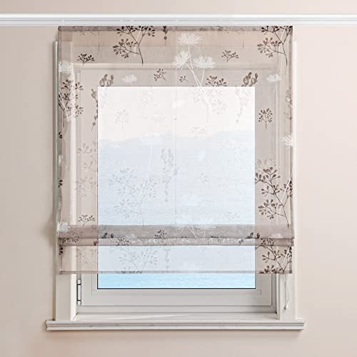 ESLIR Raffrollo mit Klettband Gardinen Küche Voile Raffgardinen Transparent Bändchenrollo Landhaus Vorhänge Wohnzimmer Sand BxH 120x140cm 1 Stück