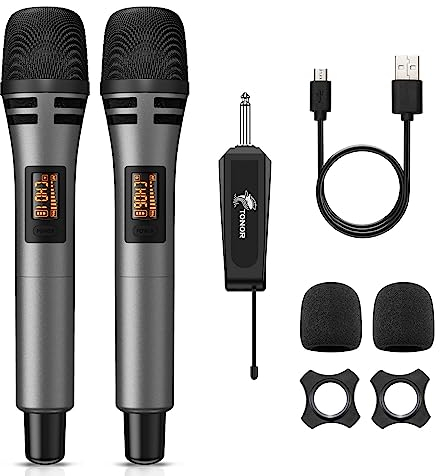 TONOR TW320 Wireless Microphones, 2x UHF Cordless Handheld Dynamic Mics with 6.35mm Rechargeable Receiver, 200ft. Range, 5 Adjustable Channels for Karaoke, Singing, DJ, Party, Speech, Grey