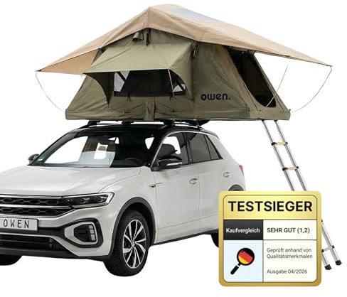 Owen Dachzelt Two Olivgrün mit Vorzelt | Autodachzelt für 2 Personen + 1 Kind | 140 x 240 cm Liegefläche | Wetterfest & robust | Inkl. Matratze & Leiter