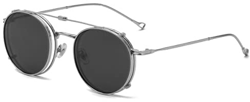 kachawoo Occhiali da sole rotondi polarizzati con clip Uomo UV400 Lente Occhiali da sole con clip Donna Montatura in metallo Occhiali da sole ribaltabili