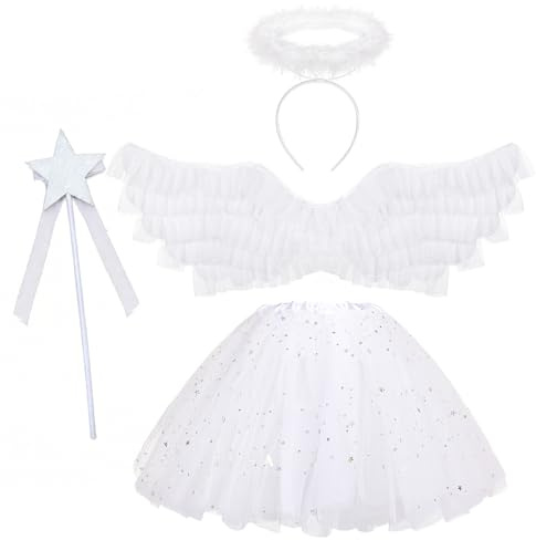 Hifot 4 Pezzi Costume Angelo Bambina,Ali Angelo Tutu ed Aureola Bacchetta Magica Angel Fancy Dress Principessa per Bambina Halloween Carnevale Natale Cosplay Party
