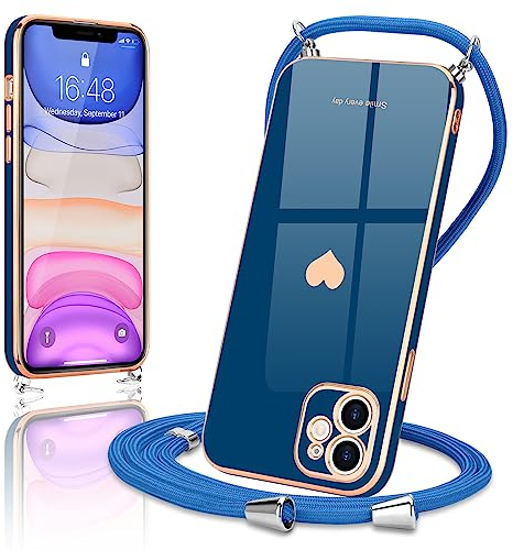 Wirvyuer Handyband Kompatibel mit iPhone 11 Handyhülle Necklace Hülle mit Band zum Umhängen Kameraschutz Liebesherz Schutzhülle mit Halsband Galvanik Silikon Umhängetasche für iPhone 11 Blau