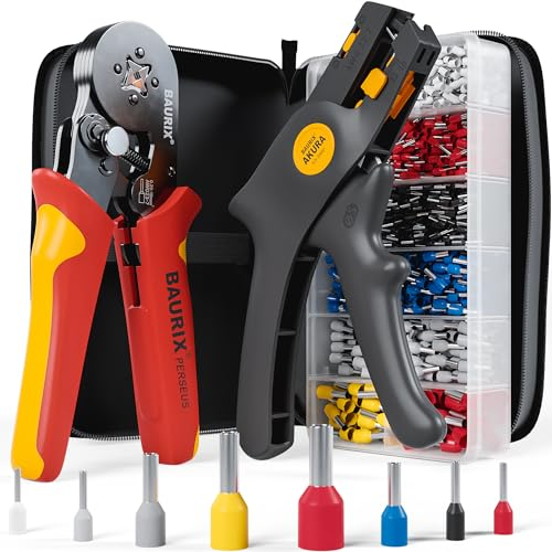 BAURIX® Set Pinza Crimpatrice con 1800 Capicorda e Pinza Spelafili, Crimpatrice Autoregolante per 0,25-10mm², Capicorda Isolati e Non Isolati, Pinza Elettricista - Modello:PERSEUS (4 Bordi)