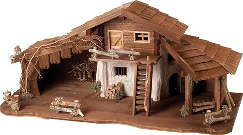 FADEDA Oberammergau Étable Hauteur : 44 cm Peinte à la main Figurines de crèche détaillées – Décoration de table de Noël Accessoires de crèche