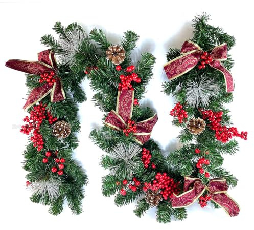 Odot Tannengirlande Weihnachtsdeko, Weihnachtsgirlande Girlande Weihnachten, Künstliche Tannengirlande, Weihnachten Rattan, Kamin Treppe Balkon Dekoration Tür Innen Outdoor (2.7m,Rote Schleife)