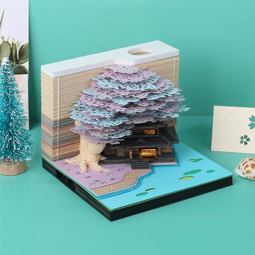 WABMJGW Calendario 3D 2024 Blocco Note con luci, Blocco Note a Strappo Intaglio di Carta Casa sull'albero Arte Note adesive Calendario da Tavolo Ornamento, 8,5x8,5x7 cm,Purple