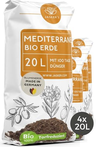 Bio Mediterrane Erde & Kübelpflanzenerde mediterran 80 L (4x20L) - Mediterrane Pflanzenerde mit 40% weniger Torf - Mediterane Pflanzerde mit Dünger - Als Lavendel Erde, Plumeria Erde & Oleander Erde