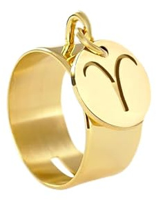 Emotional Bague avec pendentif Bague personnalisable femme avec pampille Signe Astrologique [ Bague femme acier inoxydable ] (48, Doré)