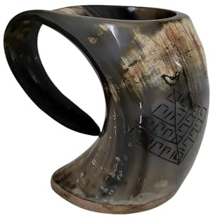 Viking By Heart Vero corno di bue lungo 15-17 cm, boccale in corno vichingo con base in legno, inciso con l'albero della vita, capacità 20 OZ, boccale in corno artigianale, regali unici per birra per