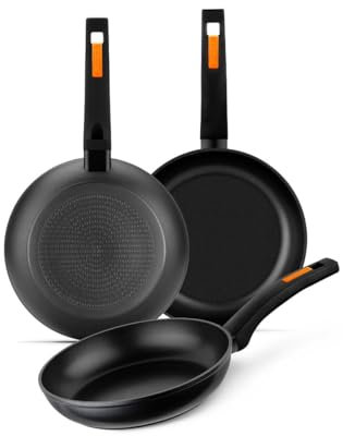 MONIX Fuego | Set 3 sartenes 20-24- 28 cm, aluminio forjado, antiadherente bicapa, sin PFOA, mango baquelita, apta para todo tipo de cocinas incluida inducción