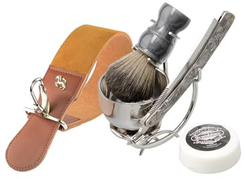 Grandslam Kit Rasoio per Gola Tagliata, Kit Rasoio a Mano Libera, 6 in1 Set Pennelli da Barba da Uomo, Supporto e Ciotola in Acciaio Inox, Kit Tradizionale per Rasatura a Umido