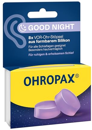OHROPAX Good Night Ohrstöpsel – VOR-Ohr-Stöpsel aus formbarem Silikon – für alle Ohren und alle Schlafpositionen geeignet – Schalldämmwert SNR 23 dB – für einen ruhigen und erholsamen Schlaf – 8 Stück