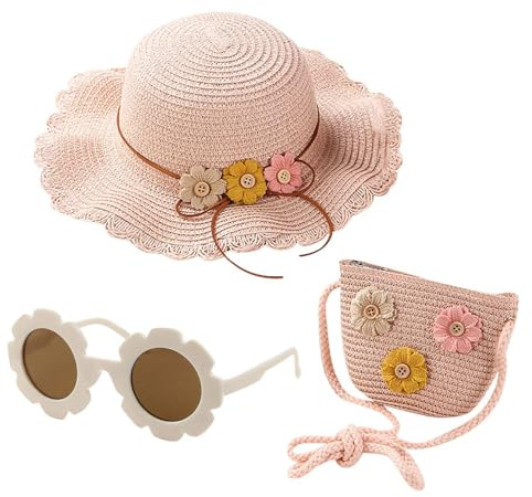 CWPFVQA 1 Sac De Paille pour Filles, 1 Chapeau De Soleil en Paille, 1 Paire De Lunettes De Soleil À Fleurs, Mini Sac À Bandoulière pour Enfants, Les Voyages Et Les Activités De Plein Air.