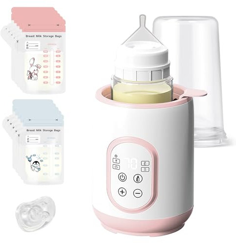 Bizcasa Chauffe Biberon Multifonction, Stérilisateur de Biberons, Chauffe Biberon Électrique Rapide avec sac de conservation du lait et tétine, Intelligent de la Température, Sans BPA (Rose)